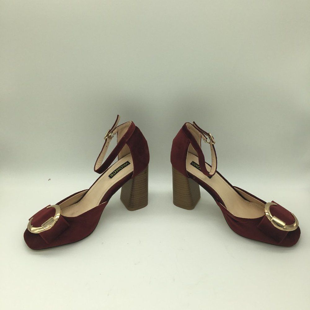 Red Round Toe Pumps Chunky Mid Heel Ankle Strap Dress Shoes - Picture 2 of 10